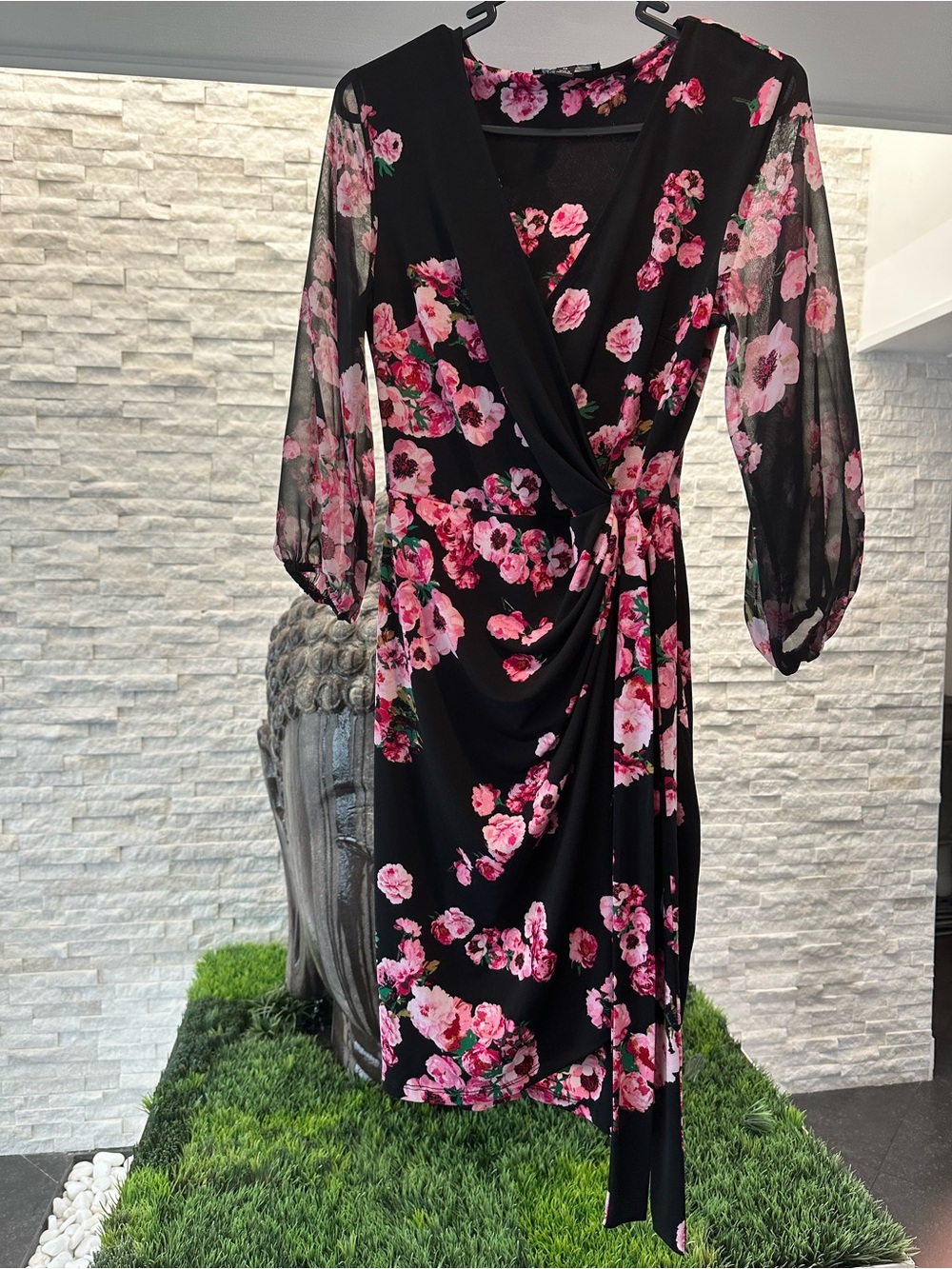 INC International Concepts Black Midi Wrap Pink Floral Dress XS